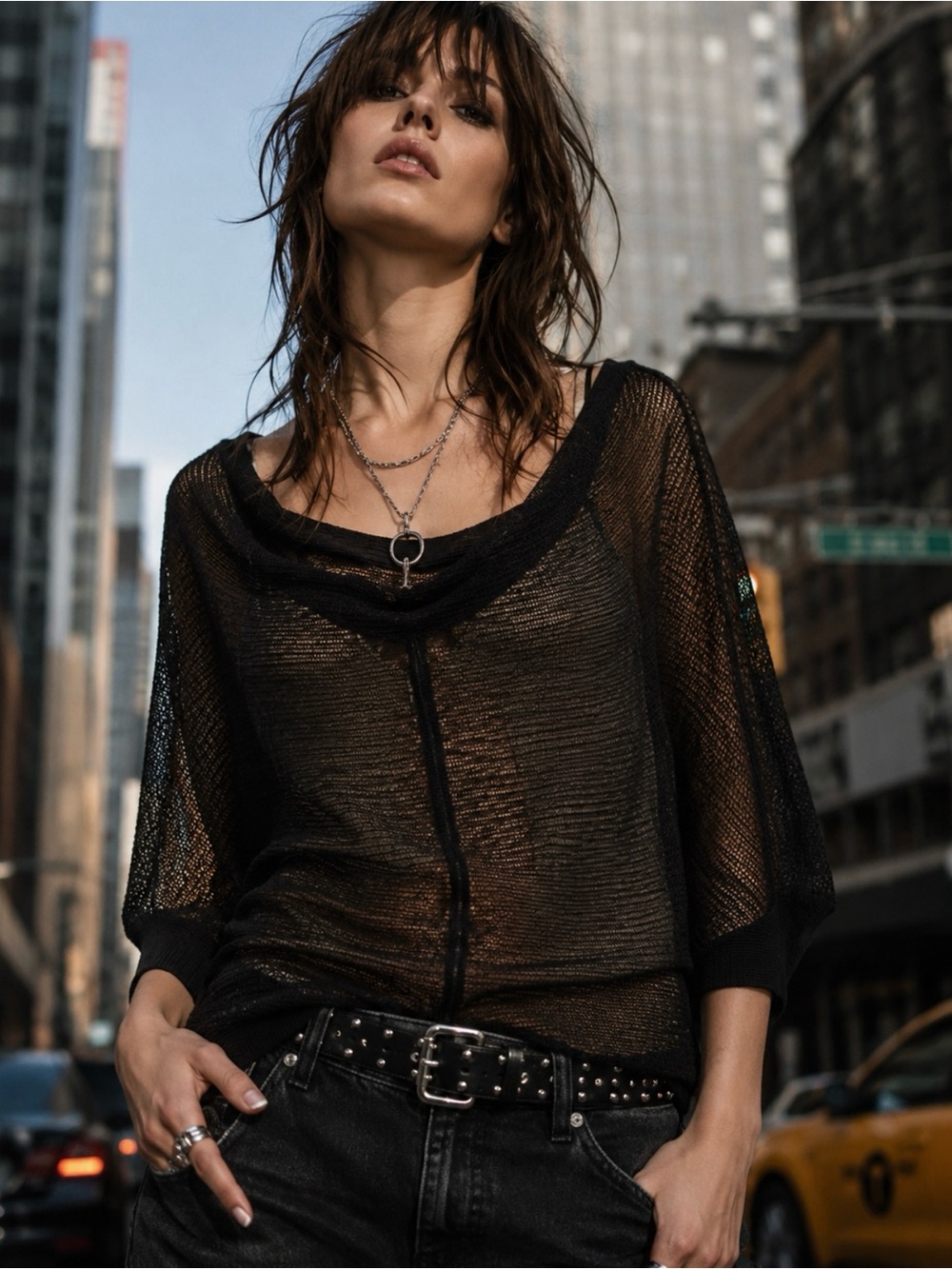 AllSaints Sheer Black Knit Mesh Cowl Neck Batwing Top Small Fairy Grunge Goth